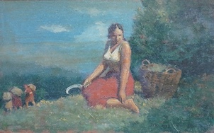 JTB (Hungarian, mid 20th century), oil on board, workers in a field, initialled JTB and dated 1943, 9cm x 14cm. Condition - good